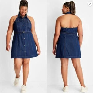 NEW Future Collective Women's Backless Collared Denim Mini Dress - Blue Size 20